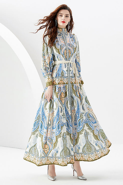 You Spin Me Around Fall Vintage Blue Paisley Pattern Stand Collar, Puff Long Sleeve Party, Festive Flowy Maxi Dress